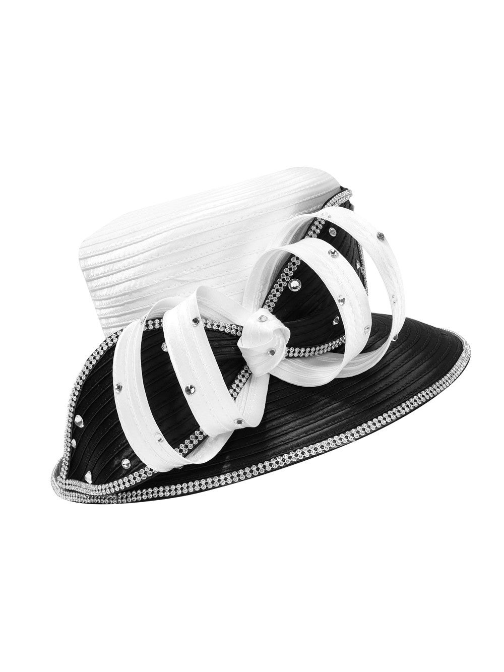 Small Brim Two-tone Ribbon Hat w/ Rhinestones