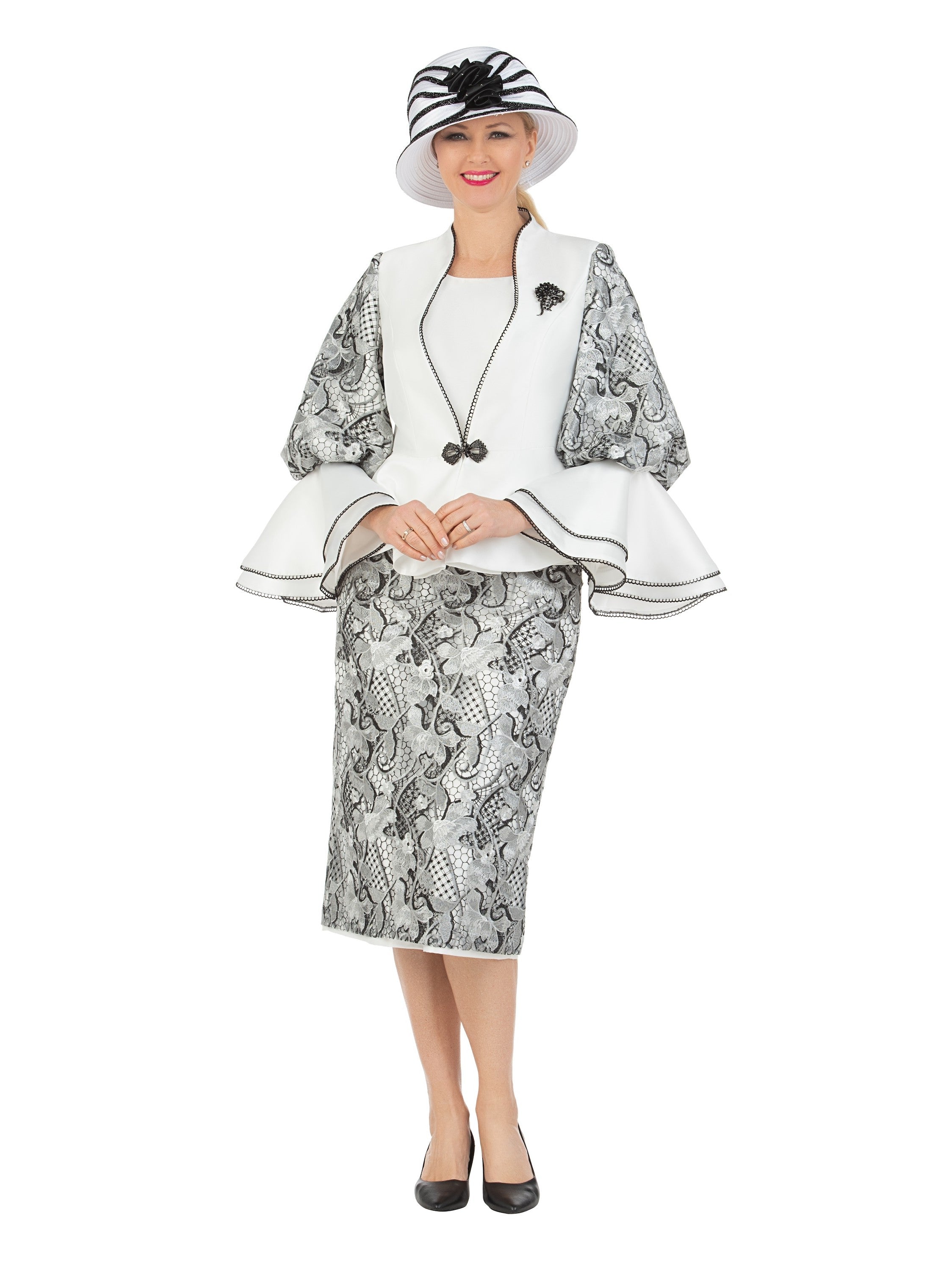 3pc Two-tone Lace Accent Peplum Skt Suit