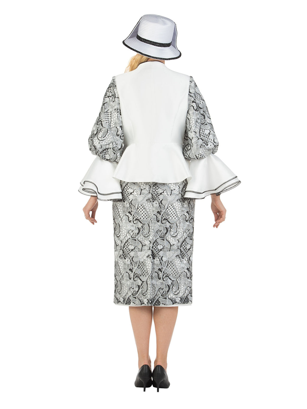 3pc Two-tone Lace Accent Peplum Skt Suit