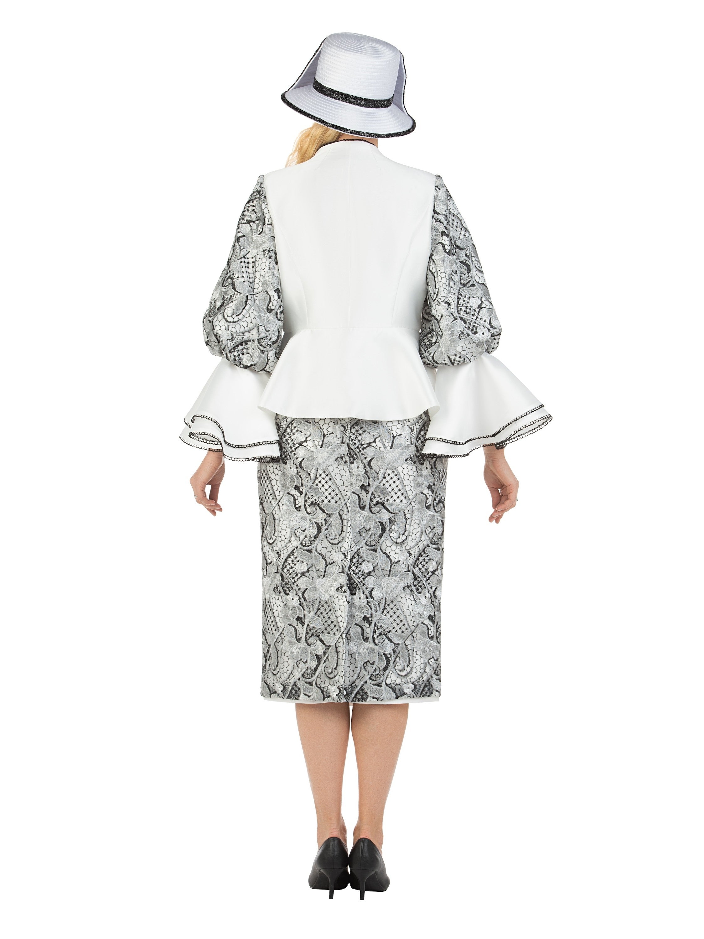 3pc Two-tone Lace Accent Peplum Skt Suit