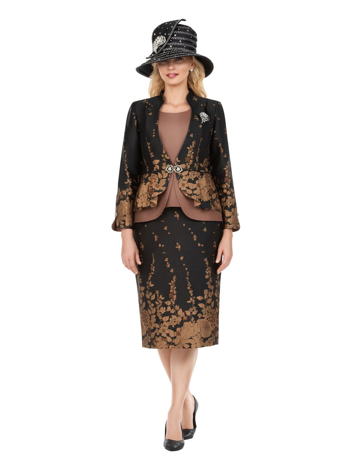 3pc Floral Print Brocade Peplum Jkt Skt Suit-Plus