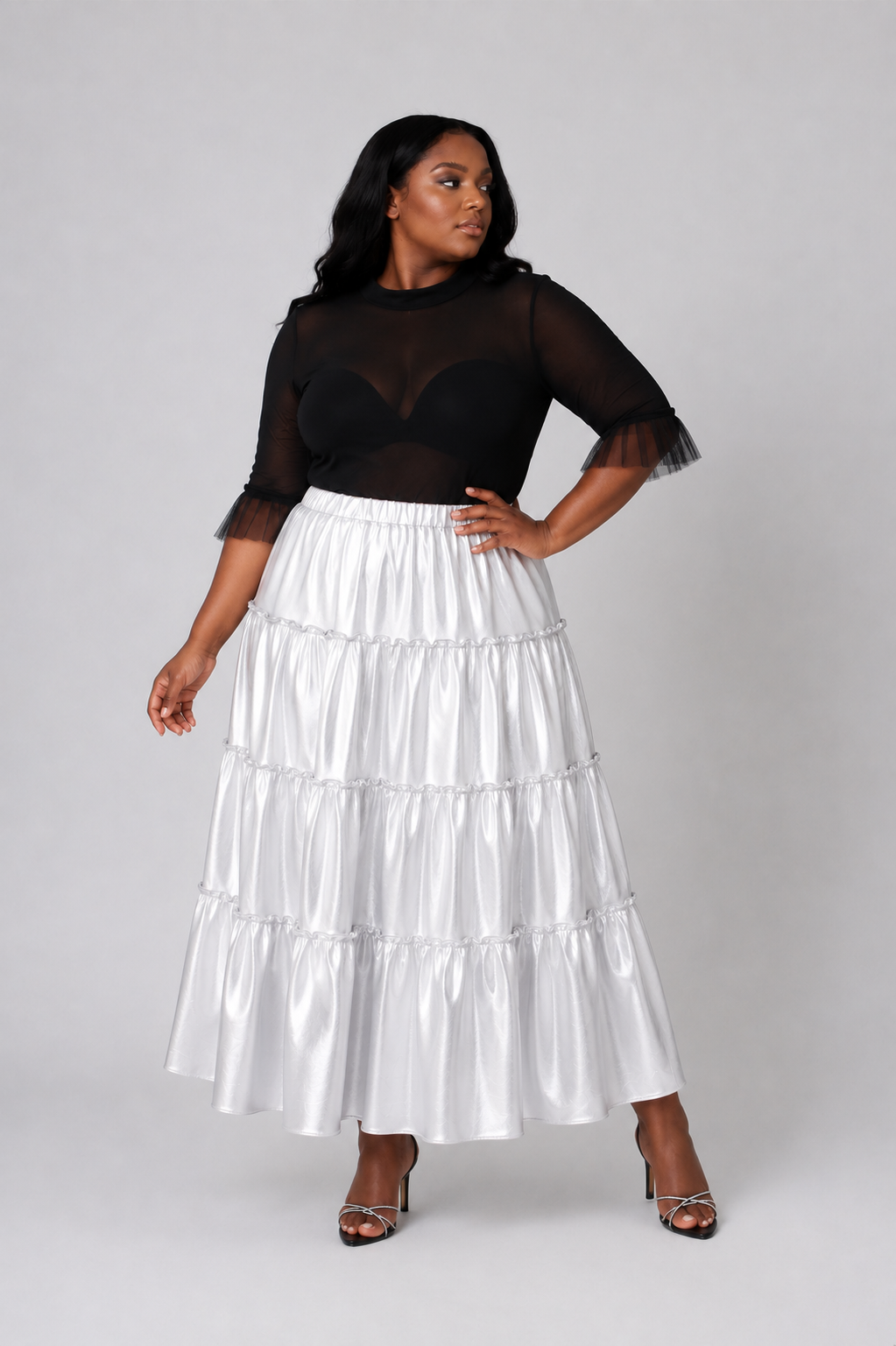 Silver Metallic Tiered Maxi Skirt -82477