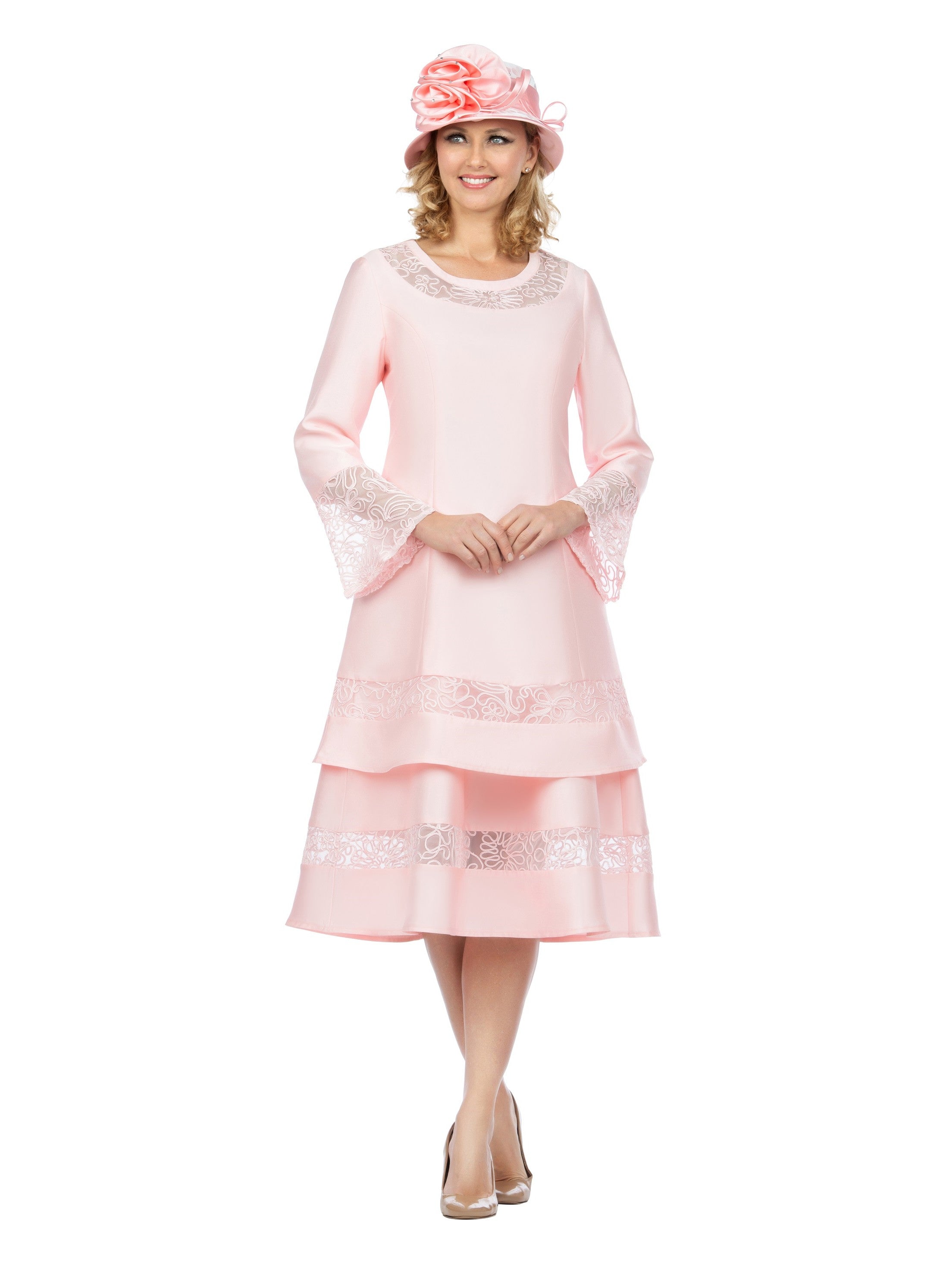 1pc Bell Slv 2-Tier Dress w/ Sheer Lace Trim