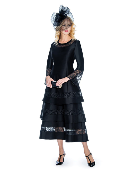 1pc Bell Sleeve 3-Tier Dress w/ Sheer Lace Trim