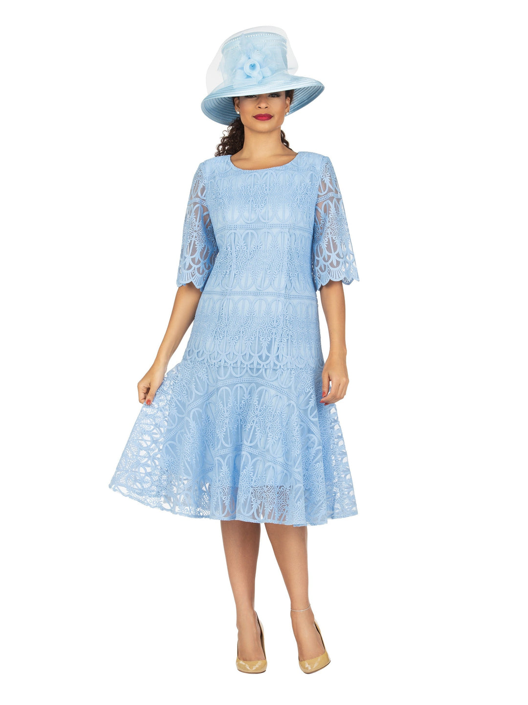 1pc Embroidery Lux Lace Pleated Flare Dress-Plus