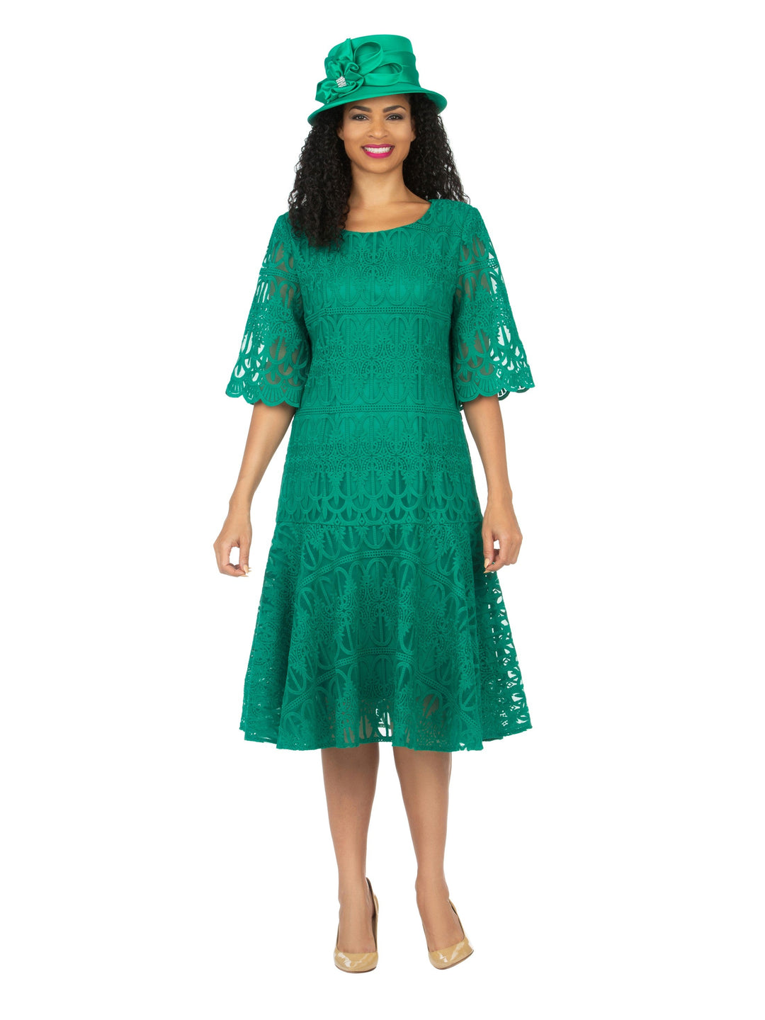 1pc Embroidery Lux Lace Pleated Flare Dress-Plus