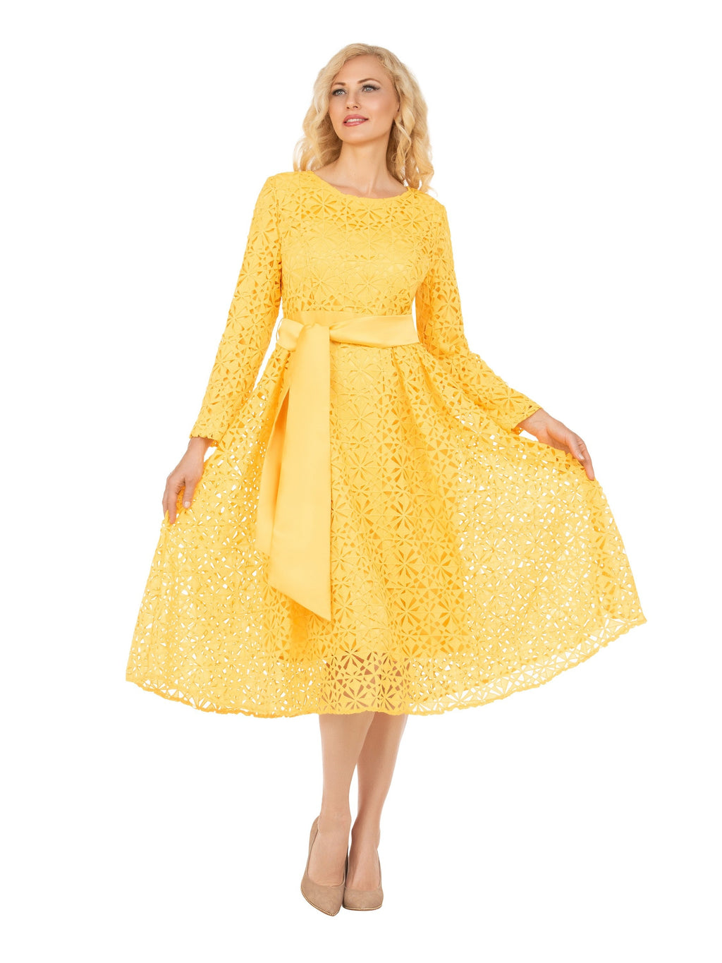 Elegant Bloom Eyelet Lace A-line Belted Dress-Plus