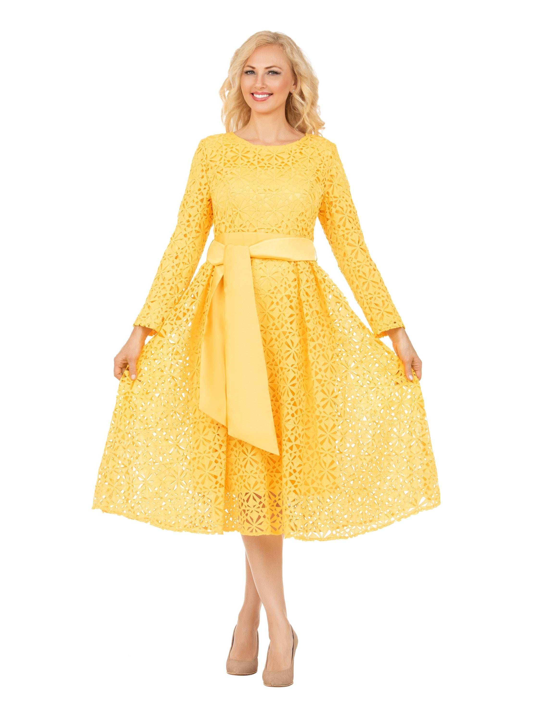Elegant Bloom Eyelet Lace A-line Belted Dress-Plus