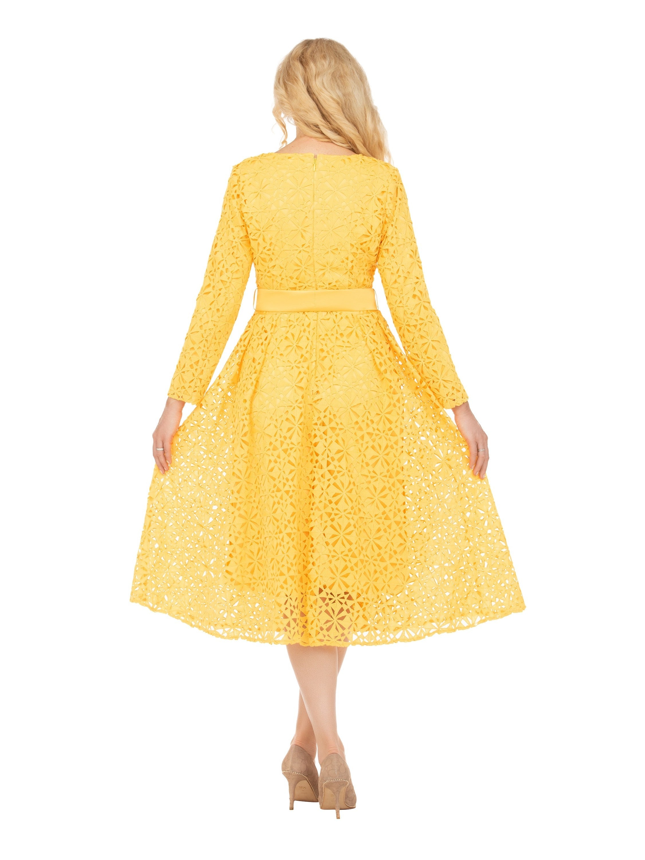Elegant Bloom Eyelet Lace A-line Belted Dress-Plus