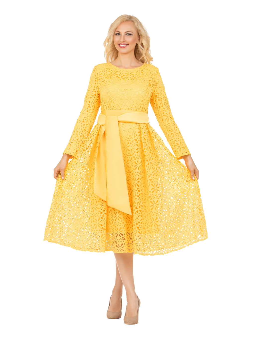 Elegant Bloom Eyelet Lace Fit & Flare Belted Dress