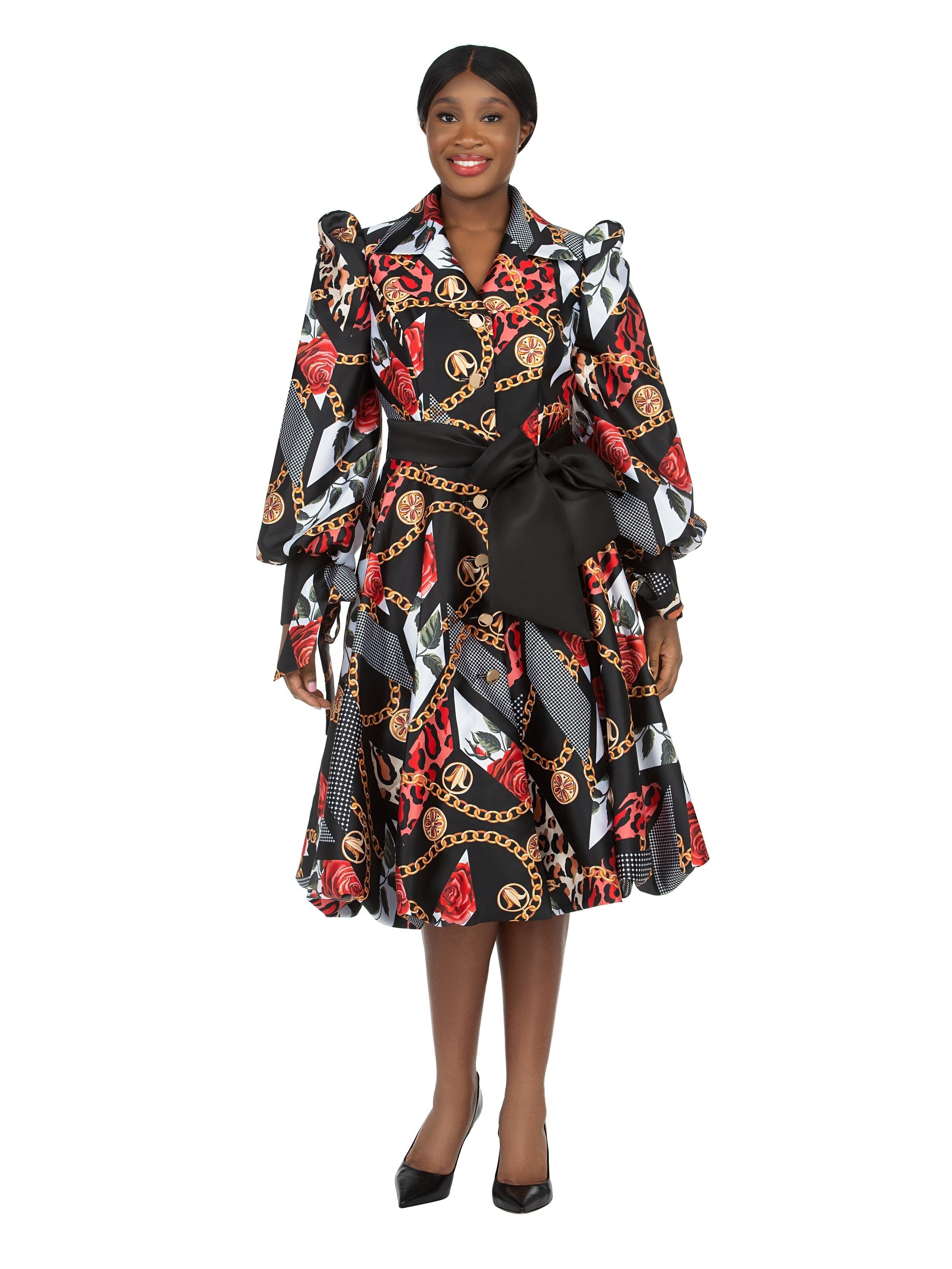 1pc Notch Collar Chain Print Dress w/ Belt - Plus