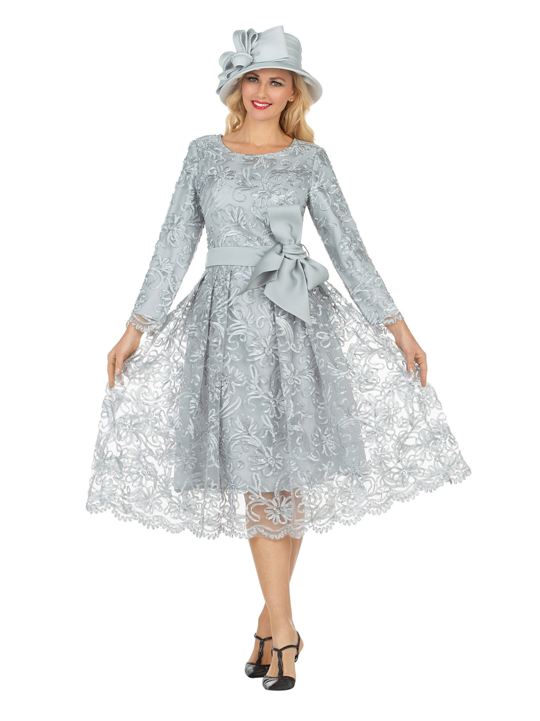 Long Slv Lux Lace A-line Dress w/ Belt - Plus