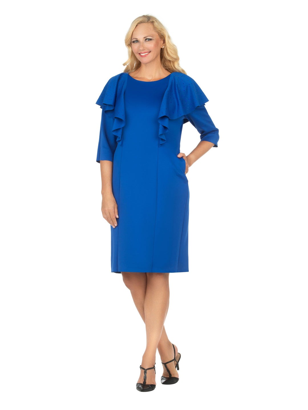 1pc 3/4 Slv Ruffled Shoulder Shift Dress w/ Stones