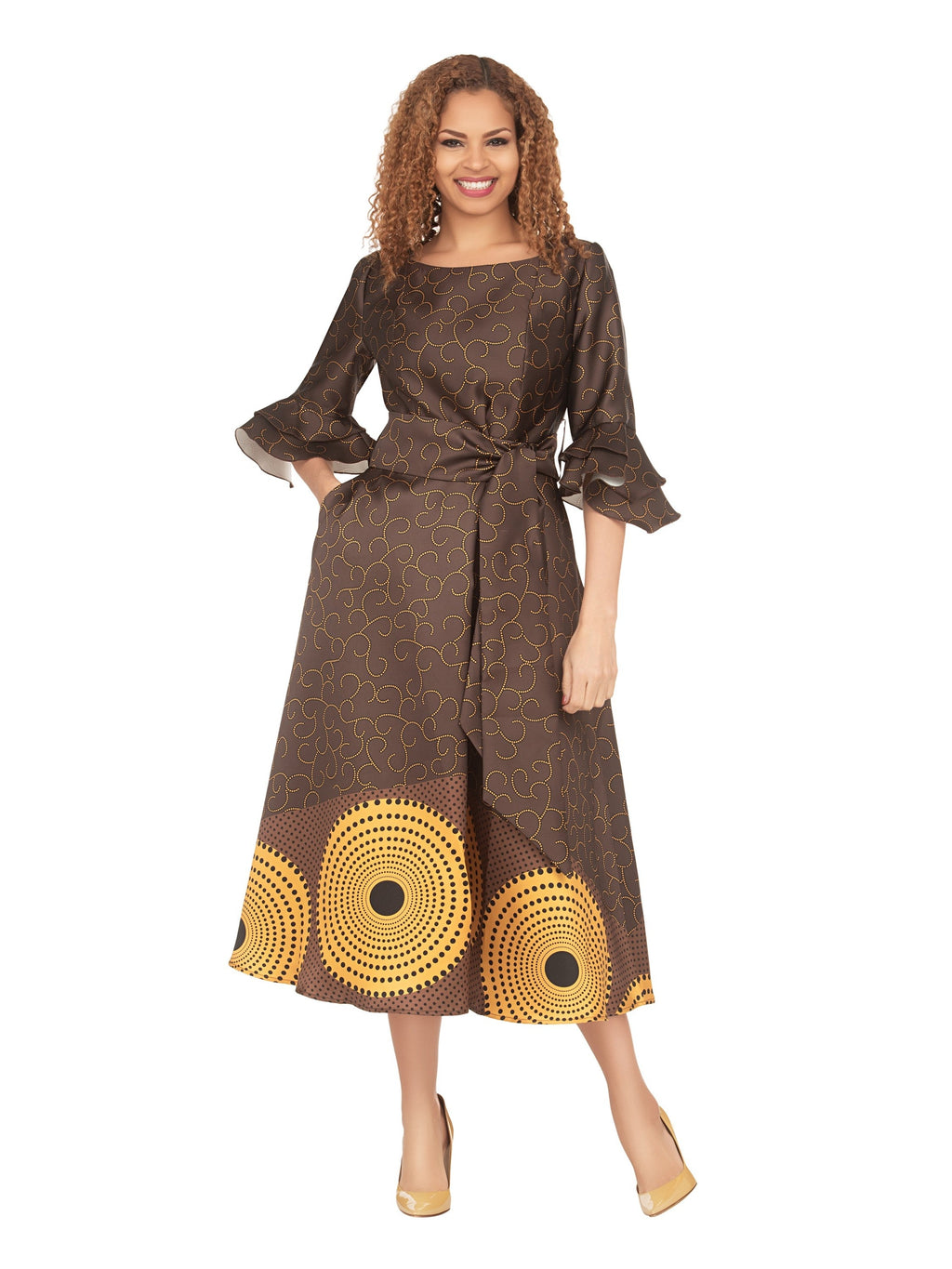 Silky Twill Fit&Flare Drs w/ Belt in Print-Plus