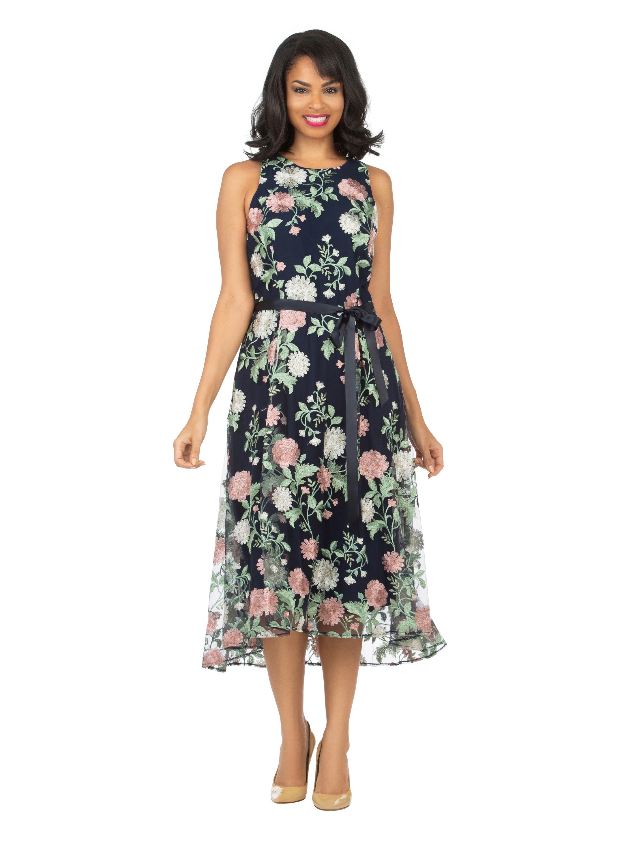 A-line Sleeveless Floral Lace Overlay Drs w/ Belt