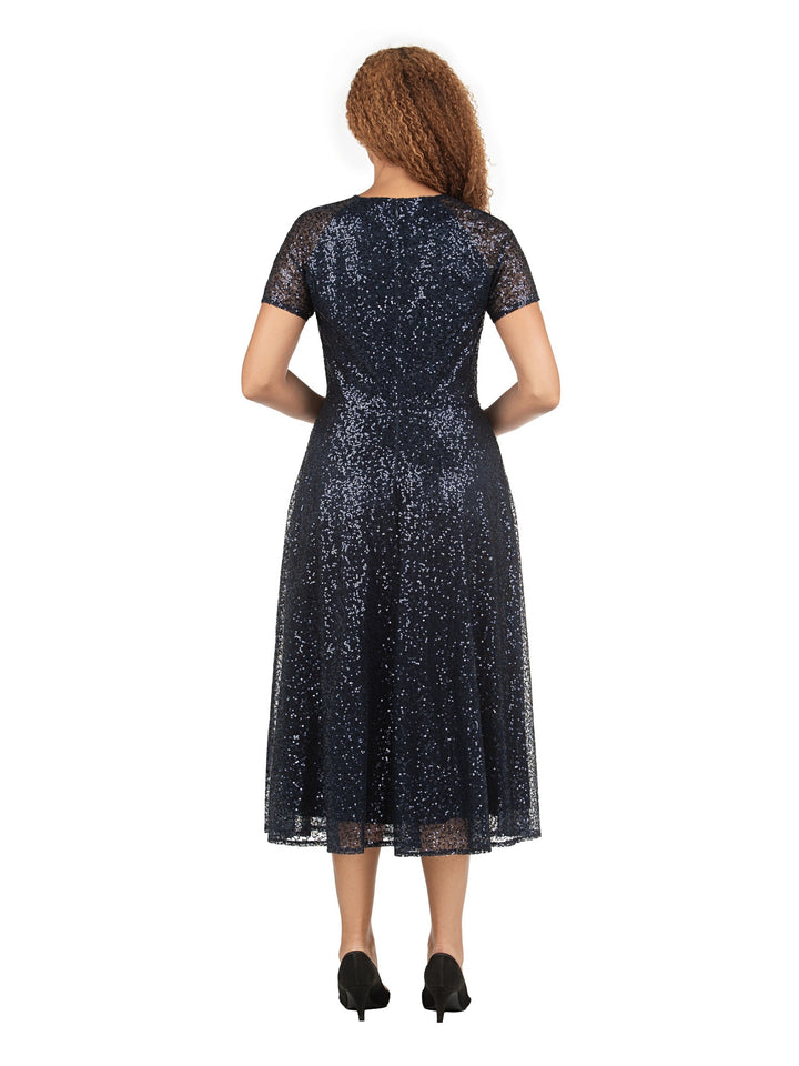 V-neck Short Slv A-line Dress in Sequined Lace