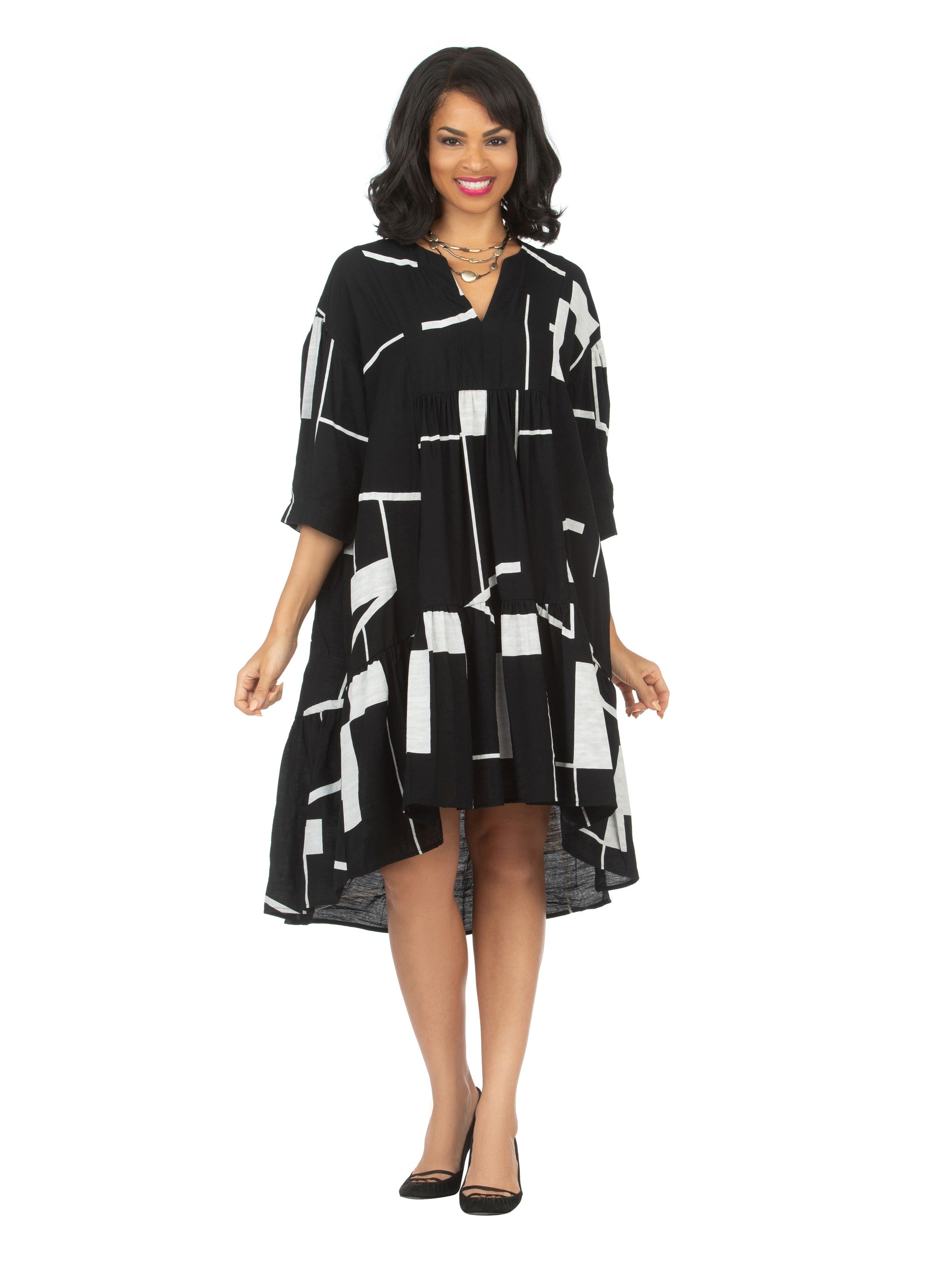 Drop Shoulder Tiered 3/4 Slv Geometric Print Dress