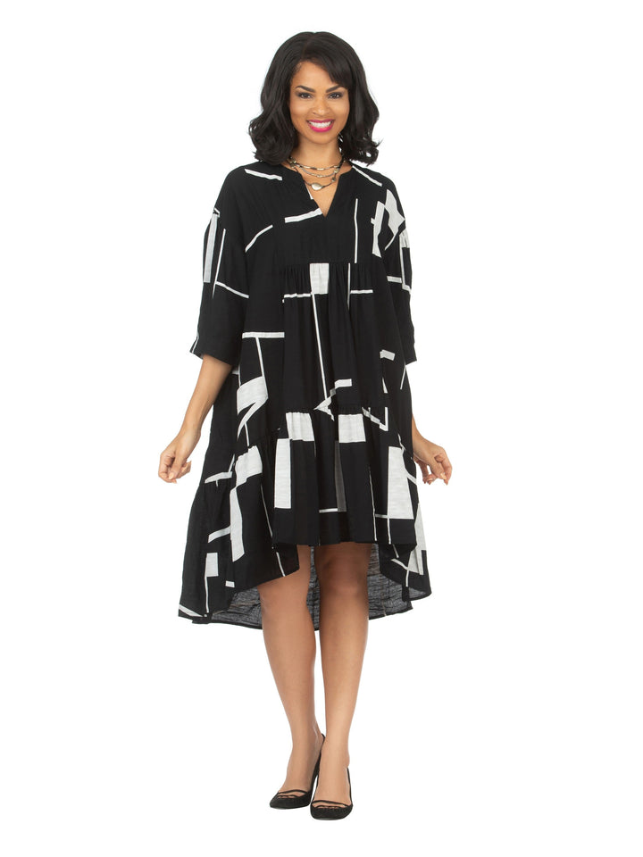 Drop Shoulder Tiered 3/4 Slv Geometric Print Dress