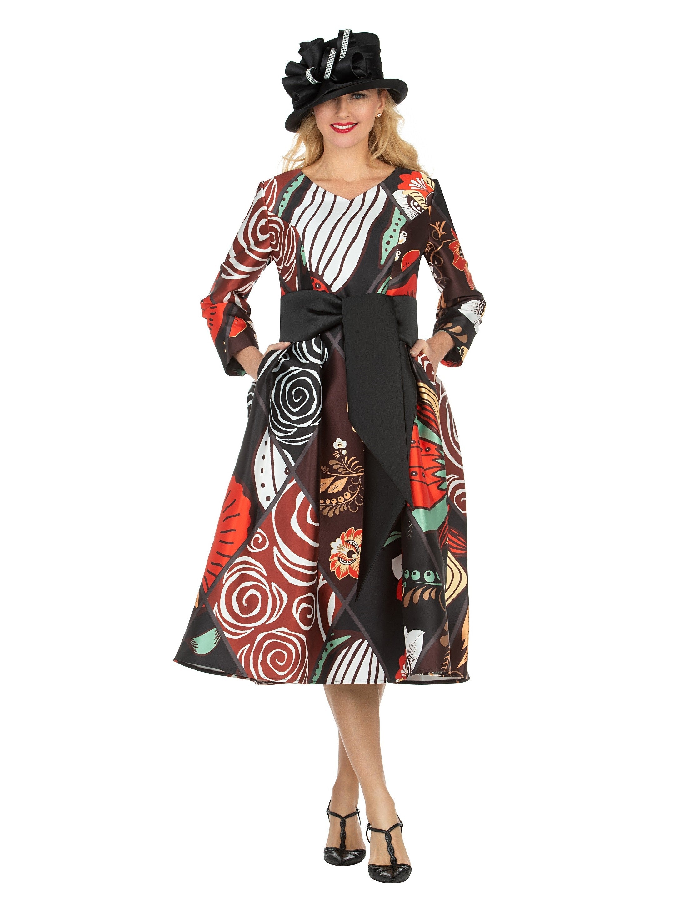 V-Neck LS Silky Twill Print Drs w/ Belt