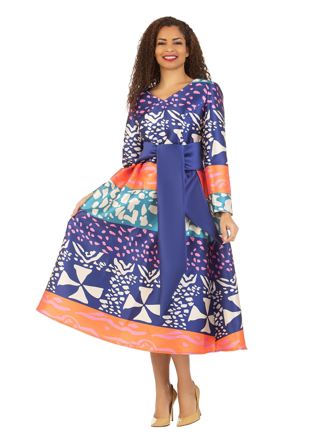 V-Neck LS Purple Print Drs w/ Belt-Plus