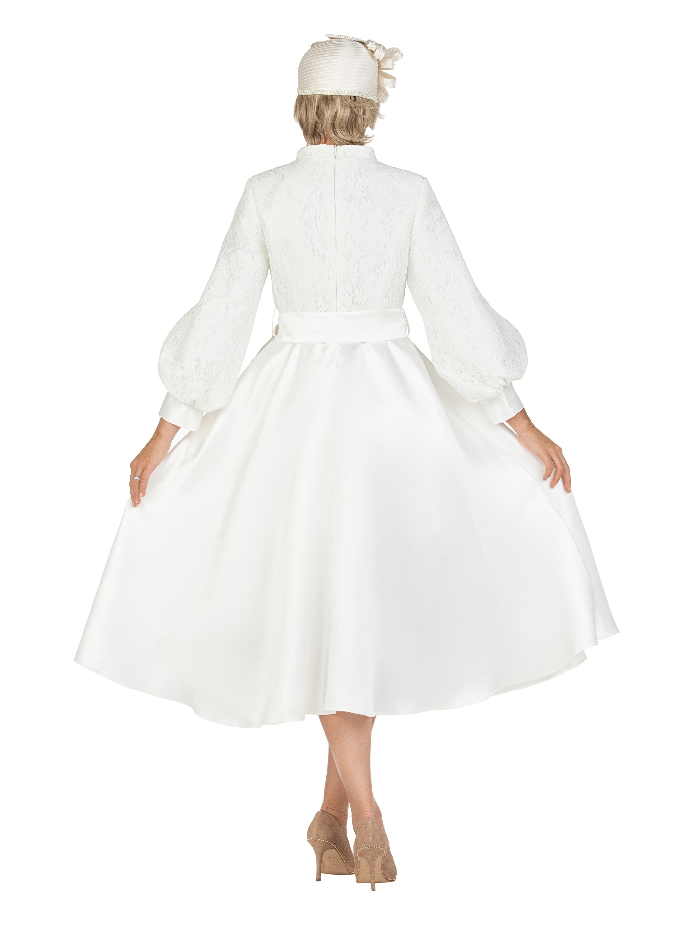 Balloon Slv Lace&Silky Twill A-line Drs w/ Belt