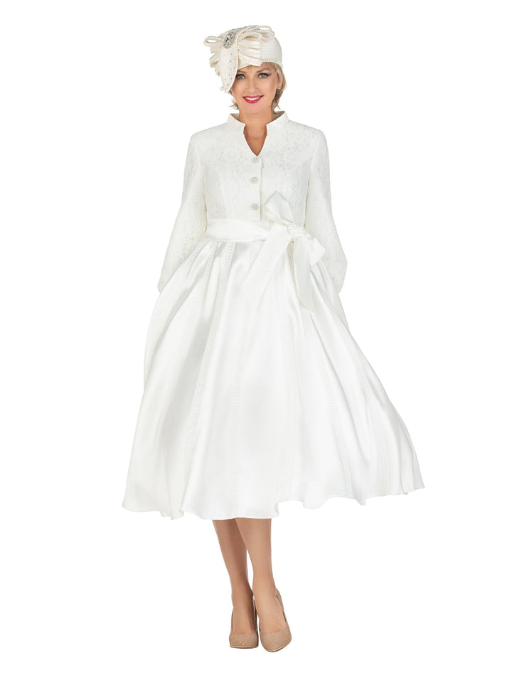 Balloon Slv Lace&Silky Twill A-line Drs w/ Belt