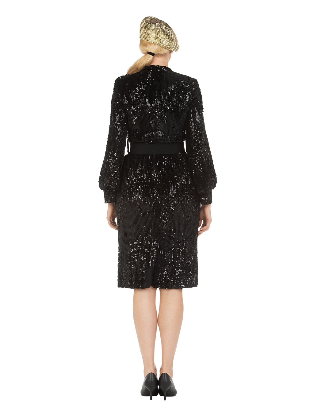 Belted Balloon Slv Shift Drs in Sequined Velvet