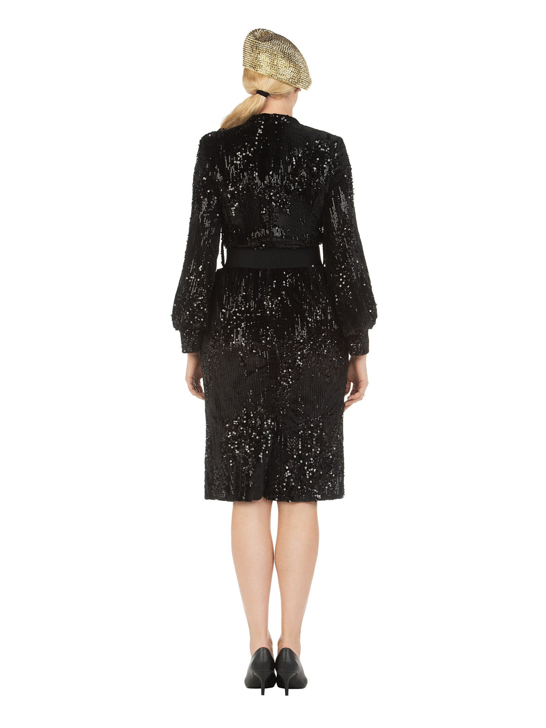 Belted Balloon Slv Shift Drs in Sequined Velvet