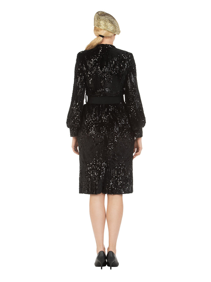 Belted Balloon Slv Shift Drs in Sequined Velvet