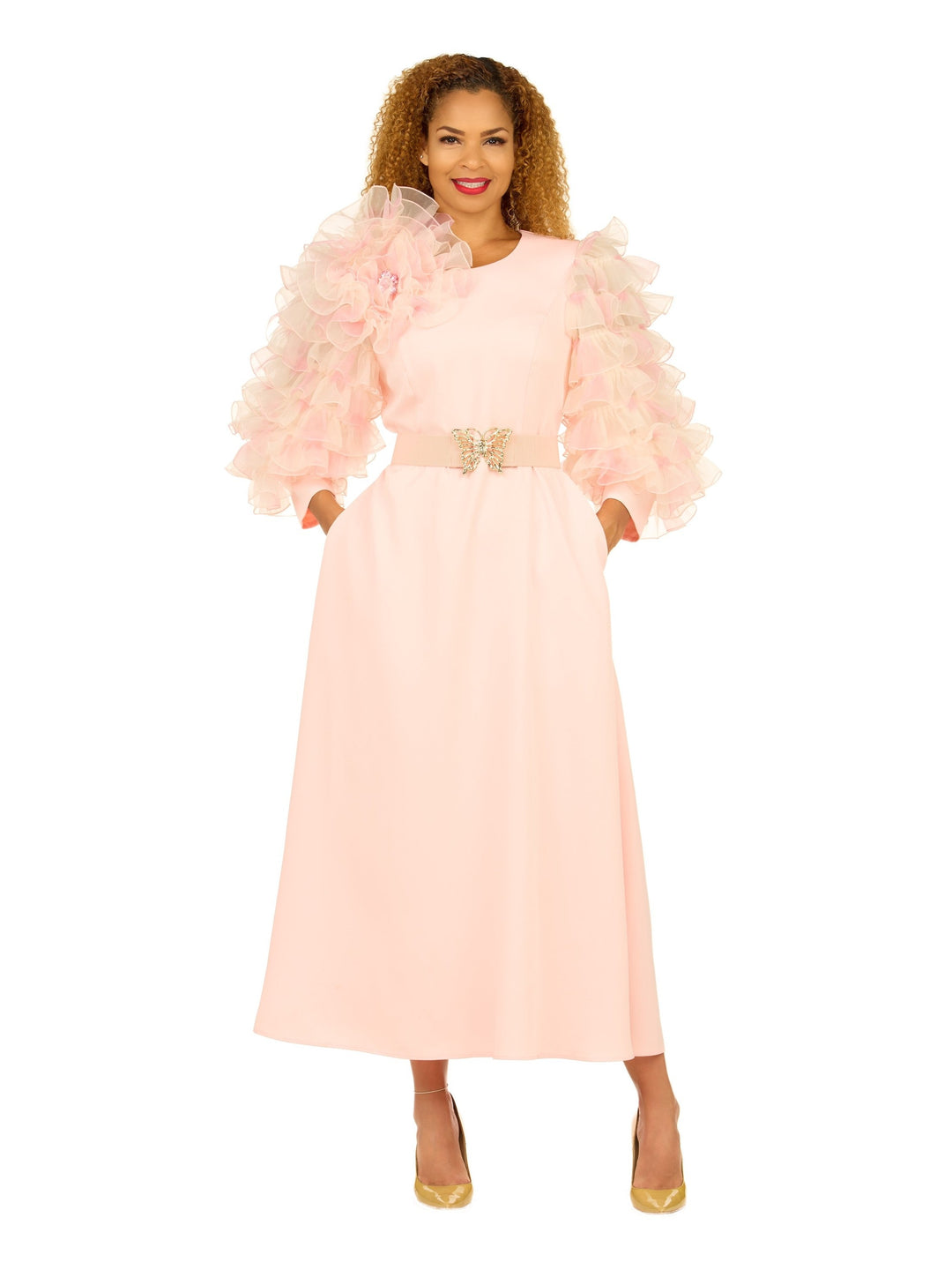 Ruffle Puff Sleeve Maxi Dress with Butterfly Belt
