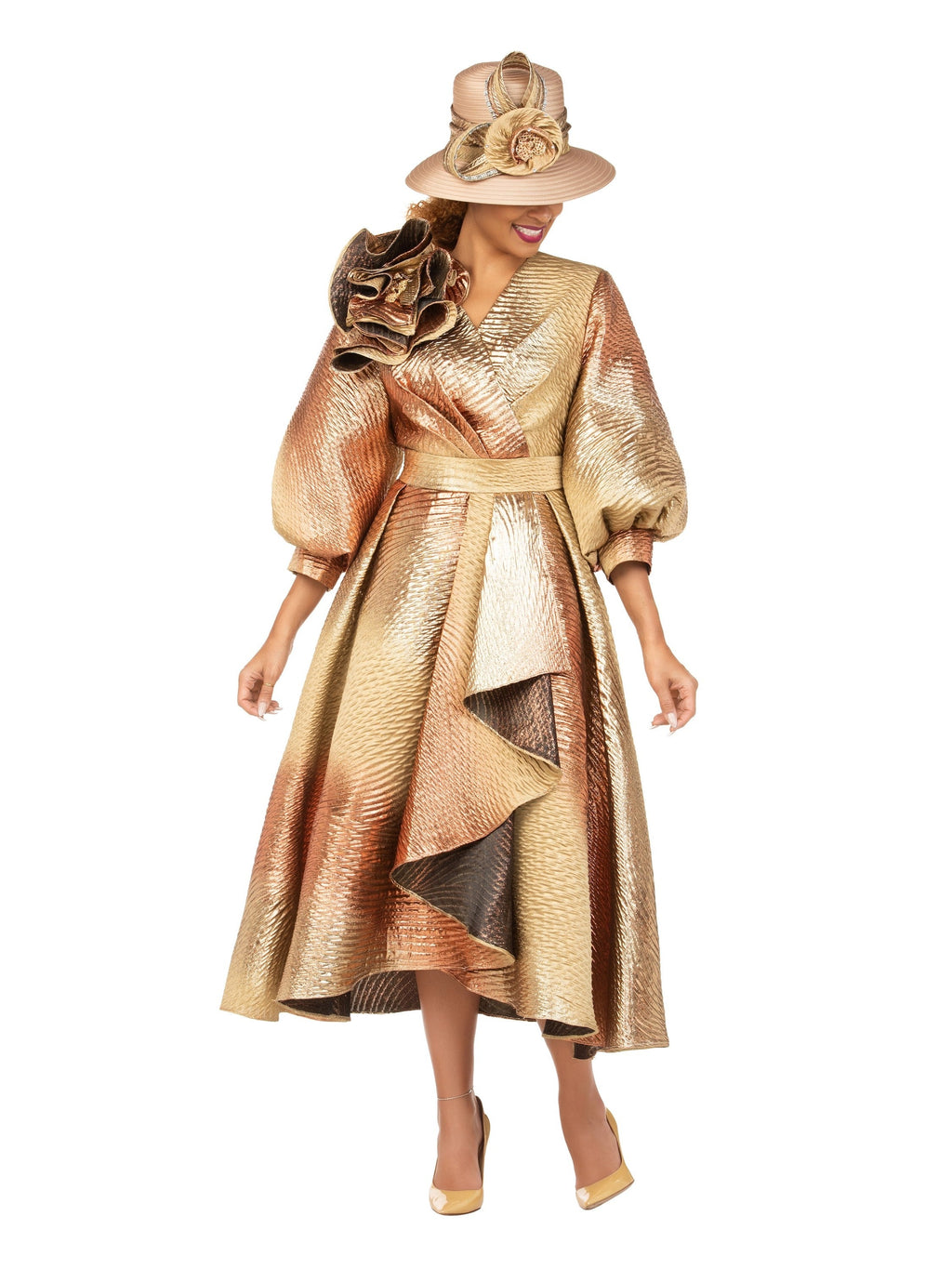 Metallic Brocade Dress with Cascade Ruffle