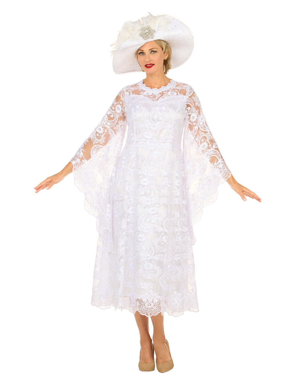 White Lace A-Line Dress w/ Draped Sheer Slvs-Plus