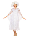 White Lace A-Line Dress w/ Draped Sheer Slvs-Plus