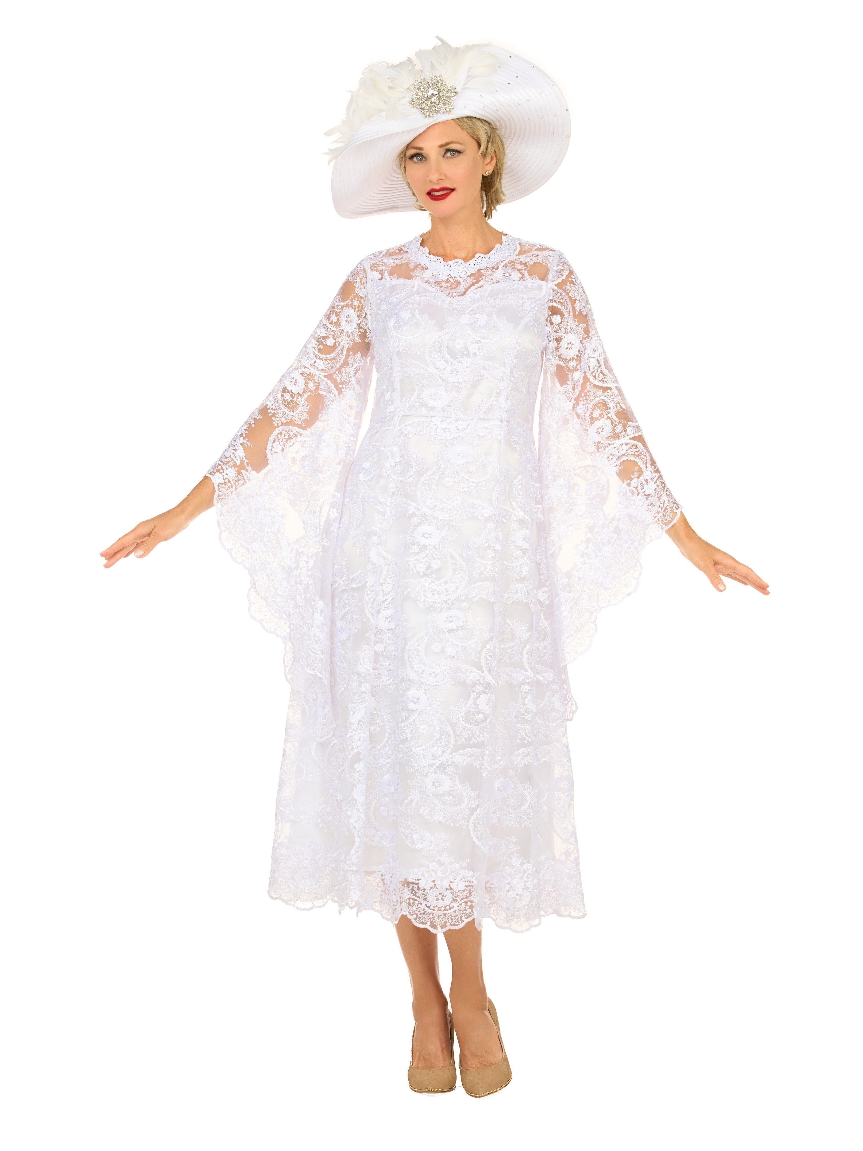 White Lace A-Line Dress w/ Draped Sheer Slvs-Plus