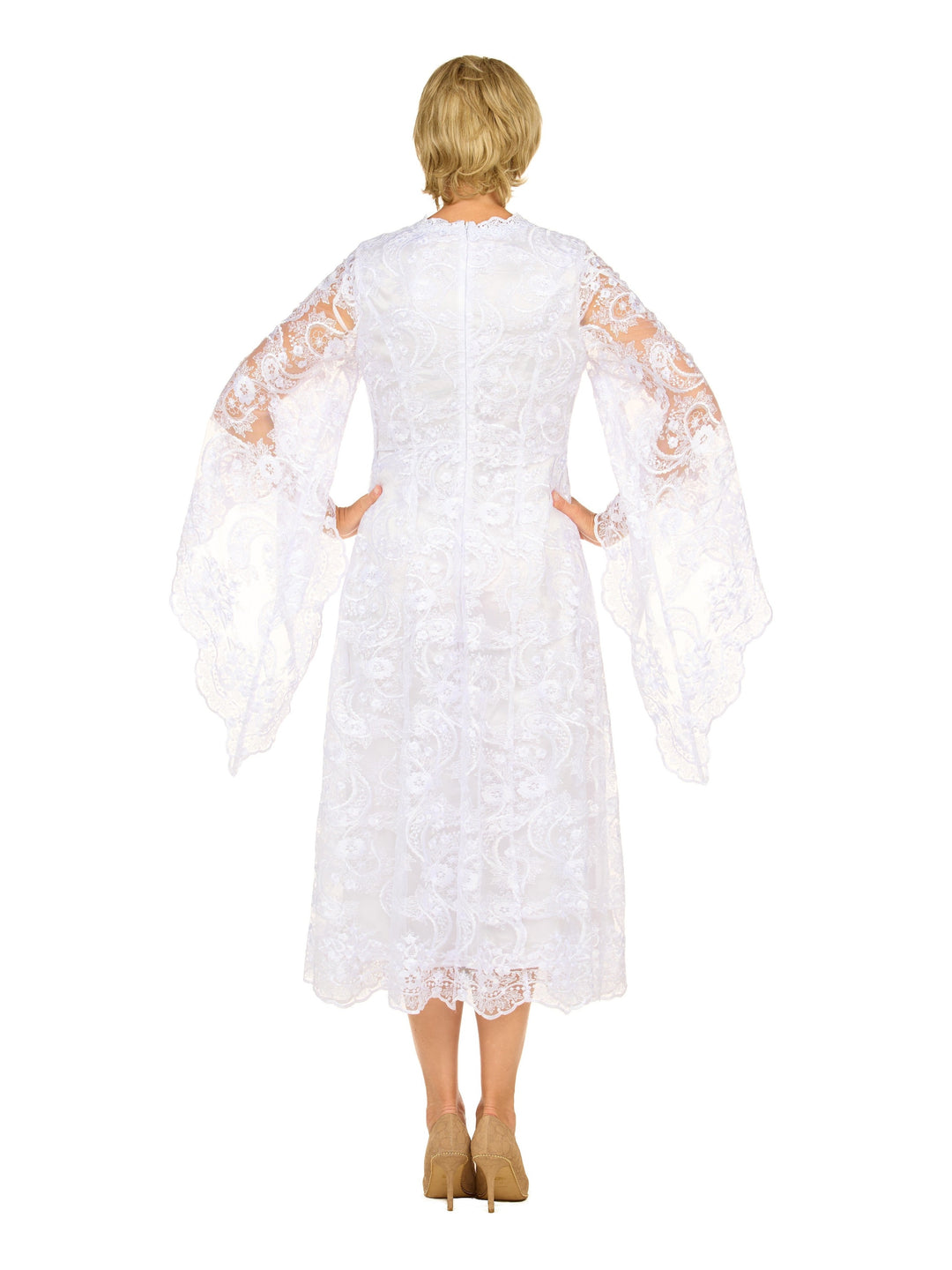 White Lace A-Line Dress w/ Draped Sheer Slvs-Plus