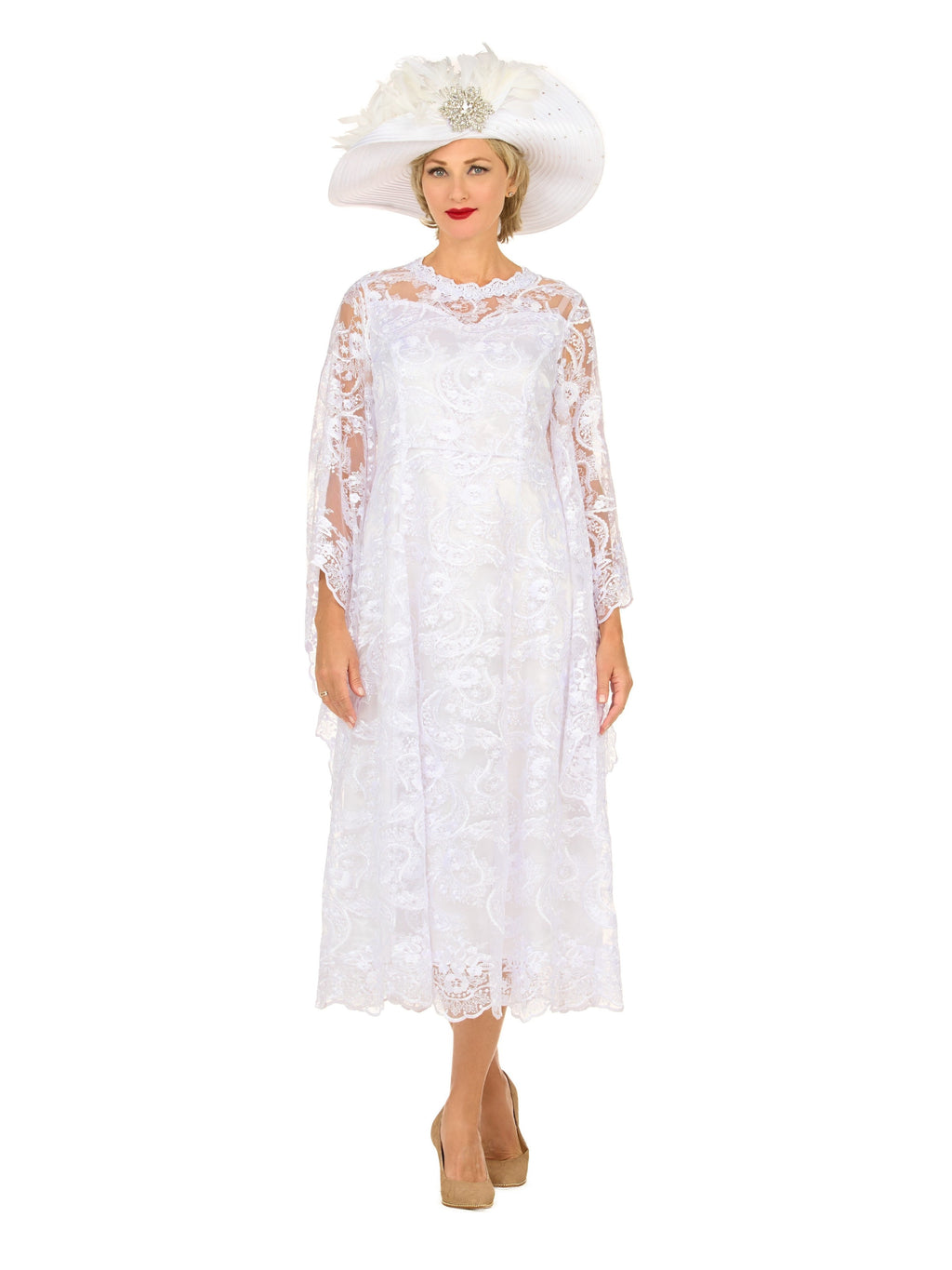 White Lace A-Line Dress w/ Draped Sheer Slvs-Plus