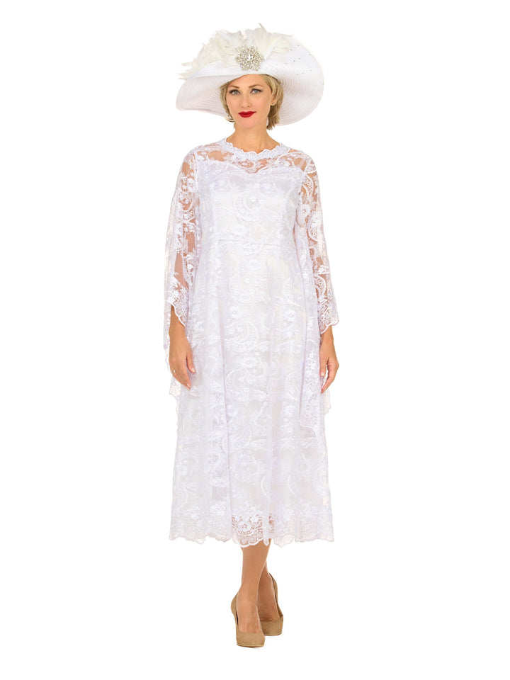 White Lace A-Line Dress with Draped Sheer Sleeves