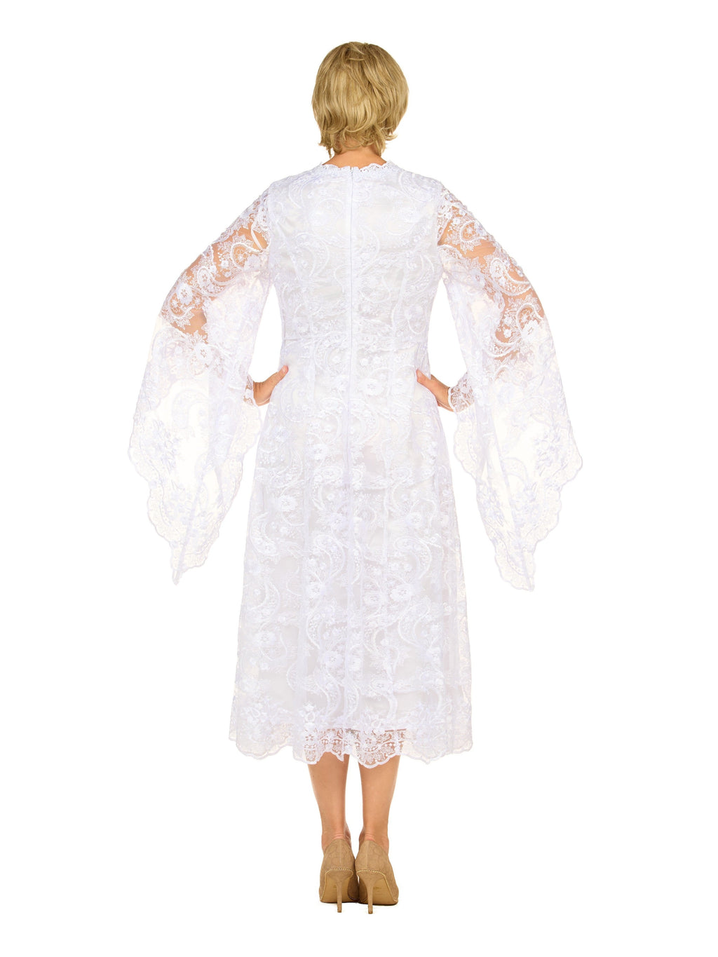 White Lace A-Line Dress with Draped Sheer Sleeves