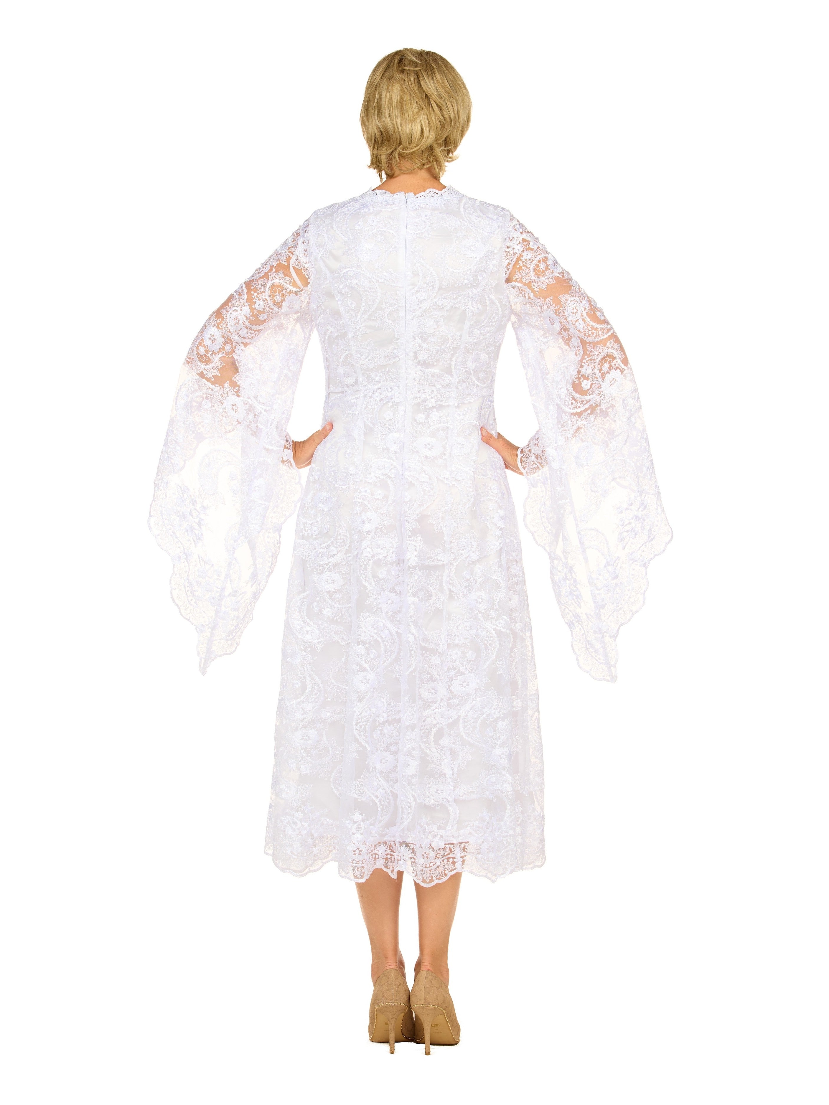White Lace A-Line Dress with Draped Sheer Sleeves