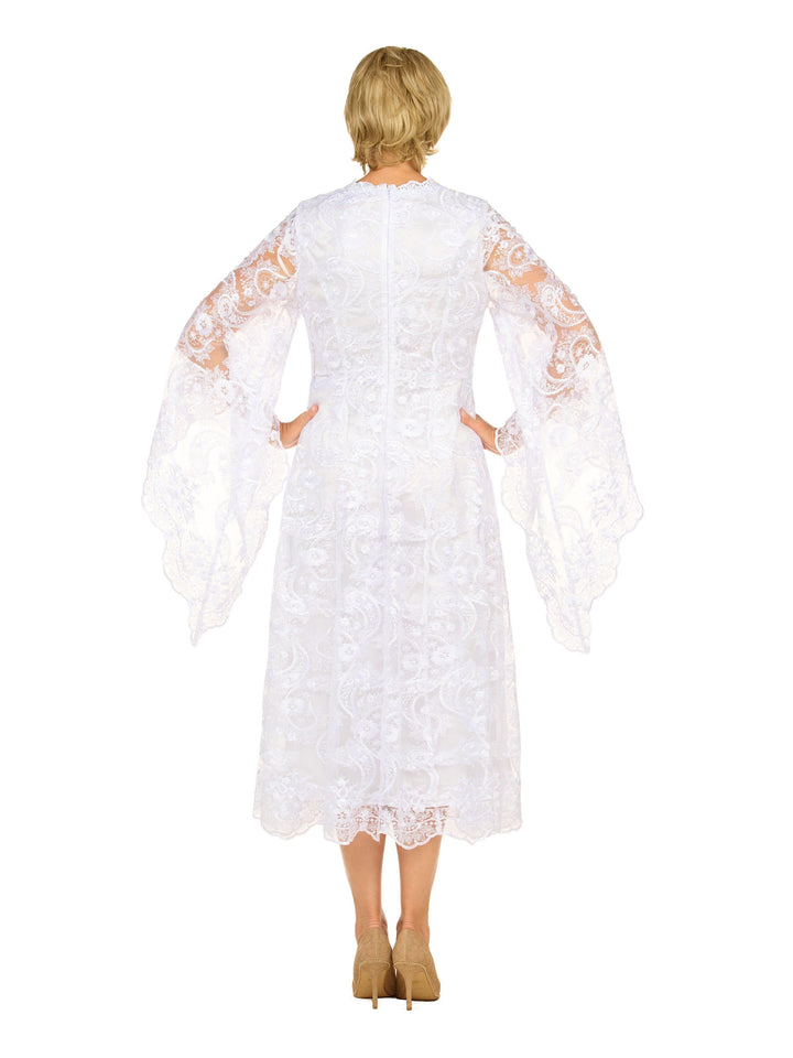 White Lace A-Line Dress with Draped Sheer Sleeves