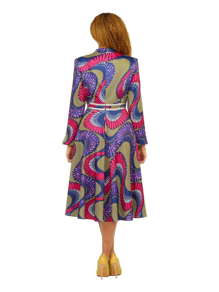 A-line LS Print Dress w/ Waistline Detail&Brooch