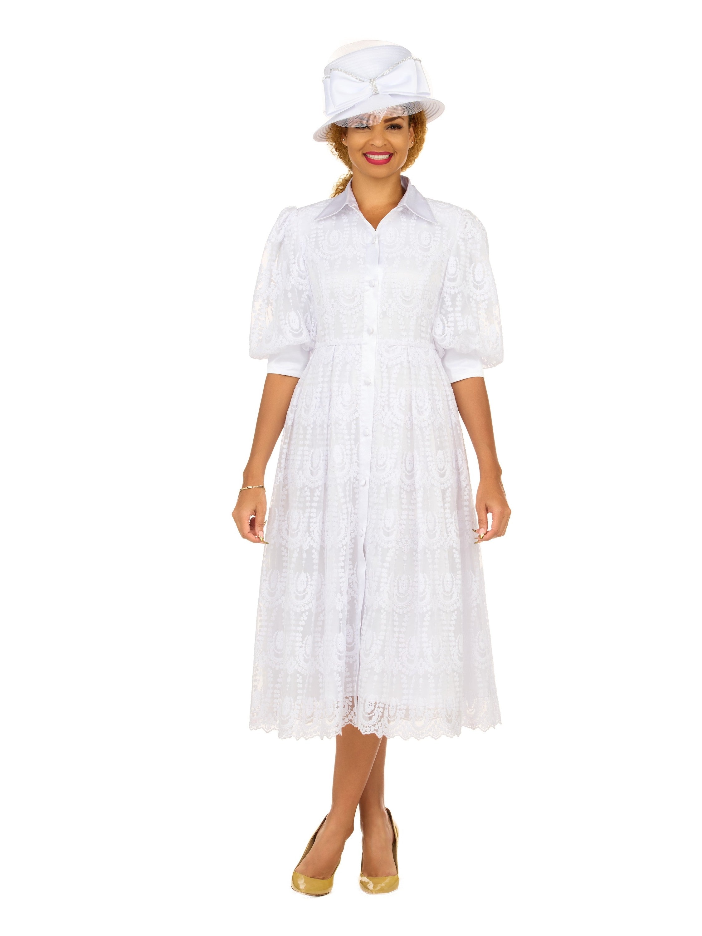 A-line Puffy Sleeve Button Down Lace Dress-Plus
