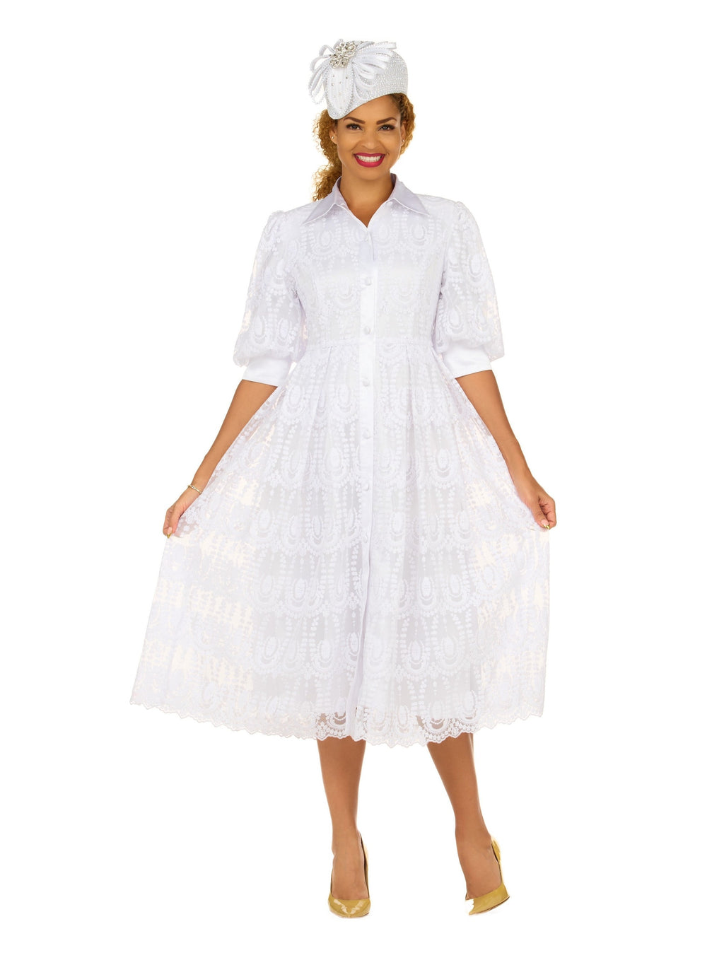 A-line Puffy Sleeve Button Down Lace Dress-Plus