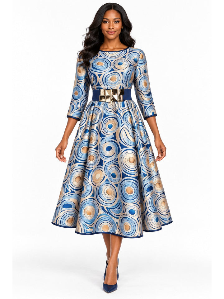 Blue Swirl Print Belted Silky Twill Midi Dress