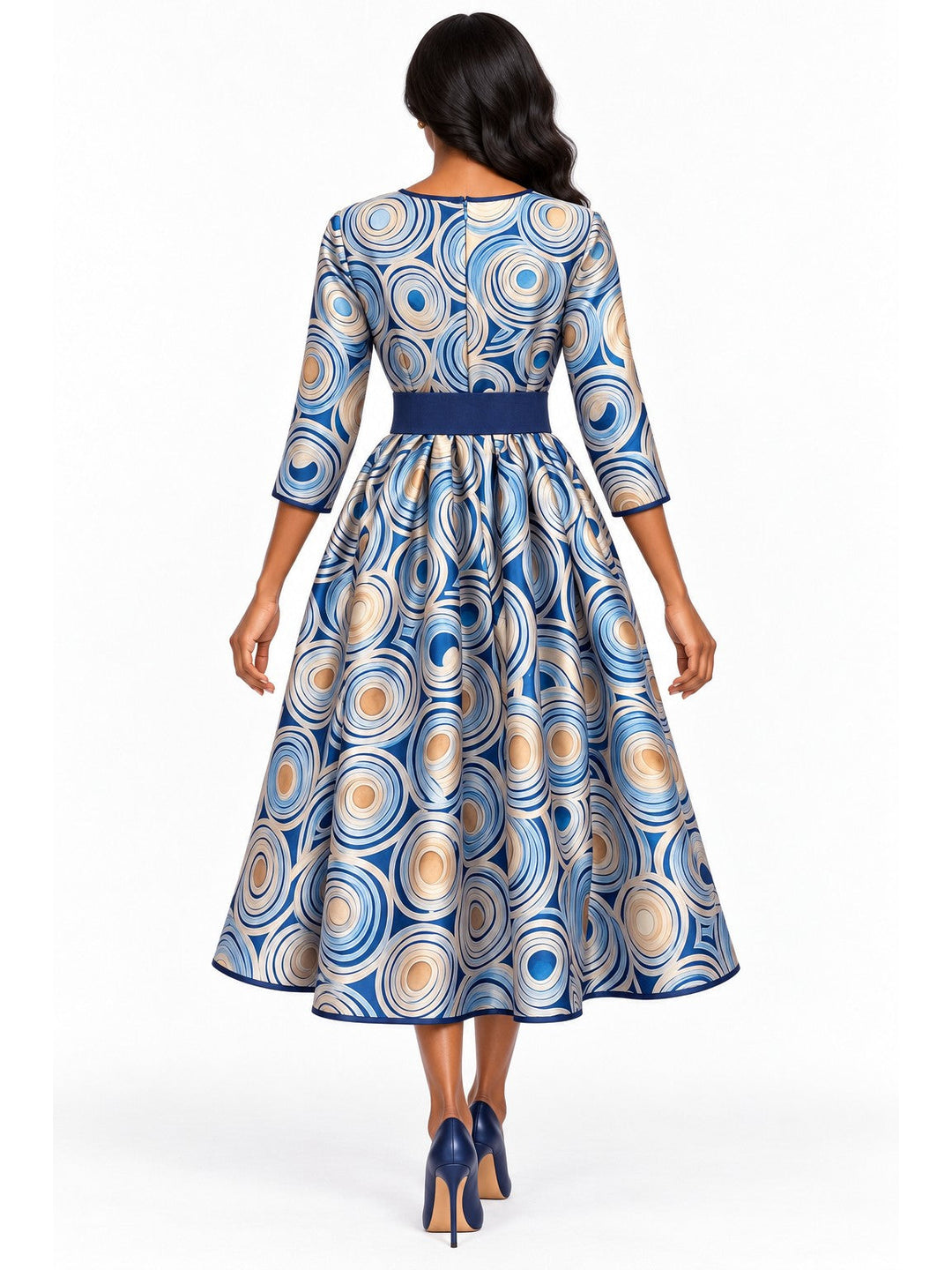 Blue Swirl Print Belted Silky Twill Midi Dress