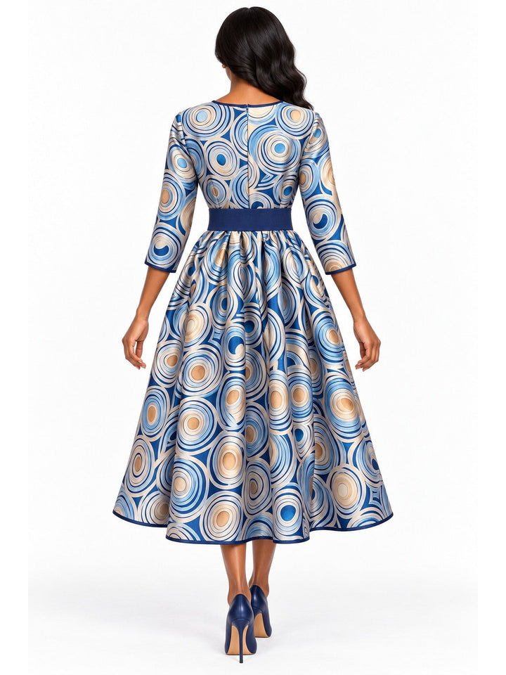 Blue Swirl Print Belted Silky Twill Midi Dress