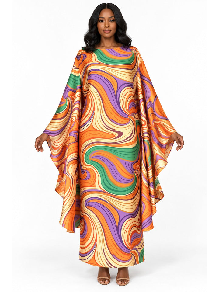 Retro Swirl Print Silky Twill Kaftan Maxi Dress