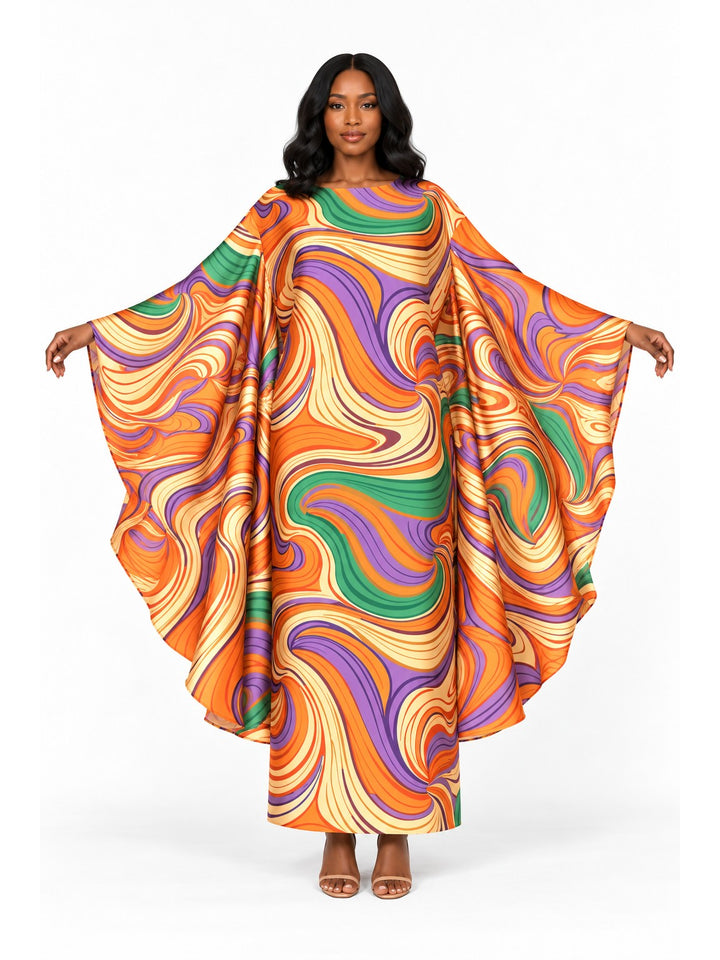 Retro Swirl Print Silky Twill Kaftan Maxi Dress