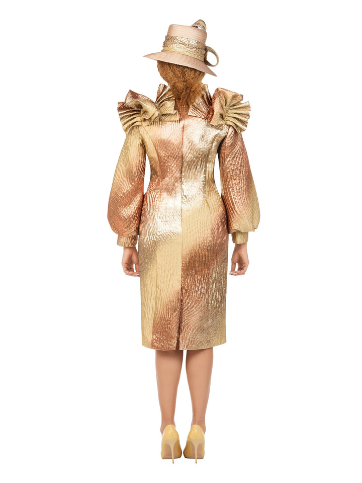 Copper Metallic Brocade Ruffle-Shoulder Midi Dress