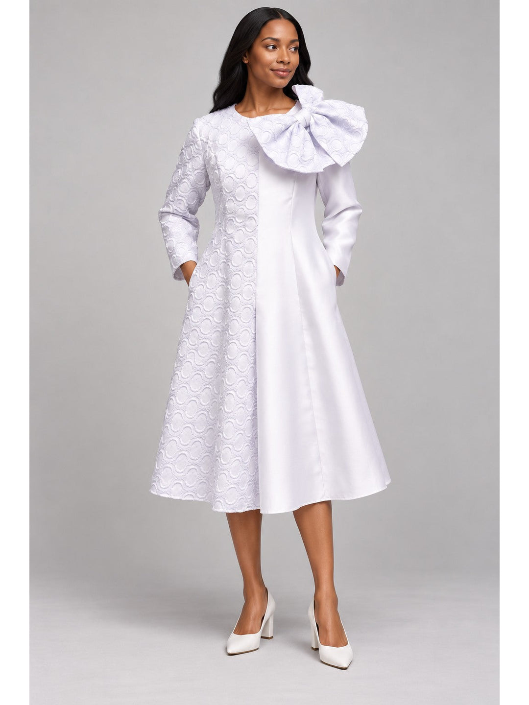 Statement Shoulder Bow A-Line Midi Dress-Plus